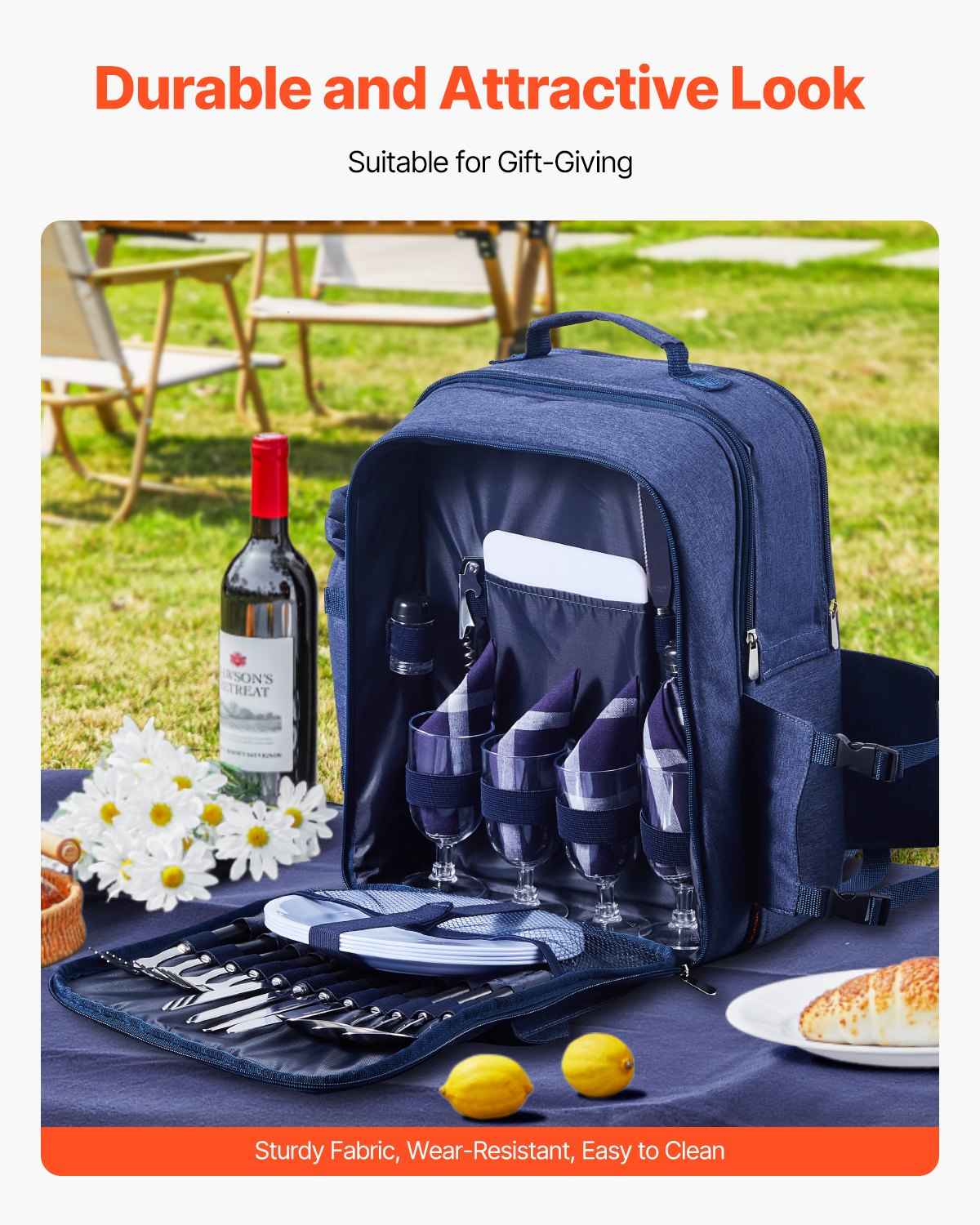 Beach Picnic Backpack Bag For 4 Person With Cooler Compartment Navy Blue