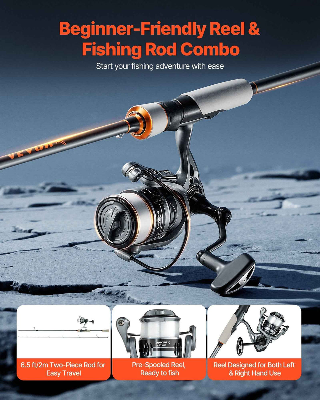 Rod And Fishing Reel Combo, IM6 Fiberglass & Carbon Fiber Spinning Rod And Reel Combo, Bass Fishing Pole With 6.5 Ft Two-Piece Rods, 6+1 Ball Bearings, Stainless Steel Guides With Ceramic Rings