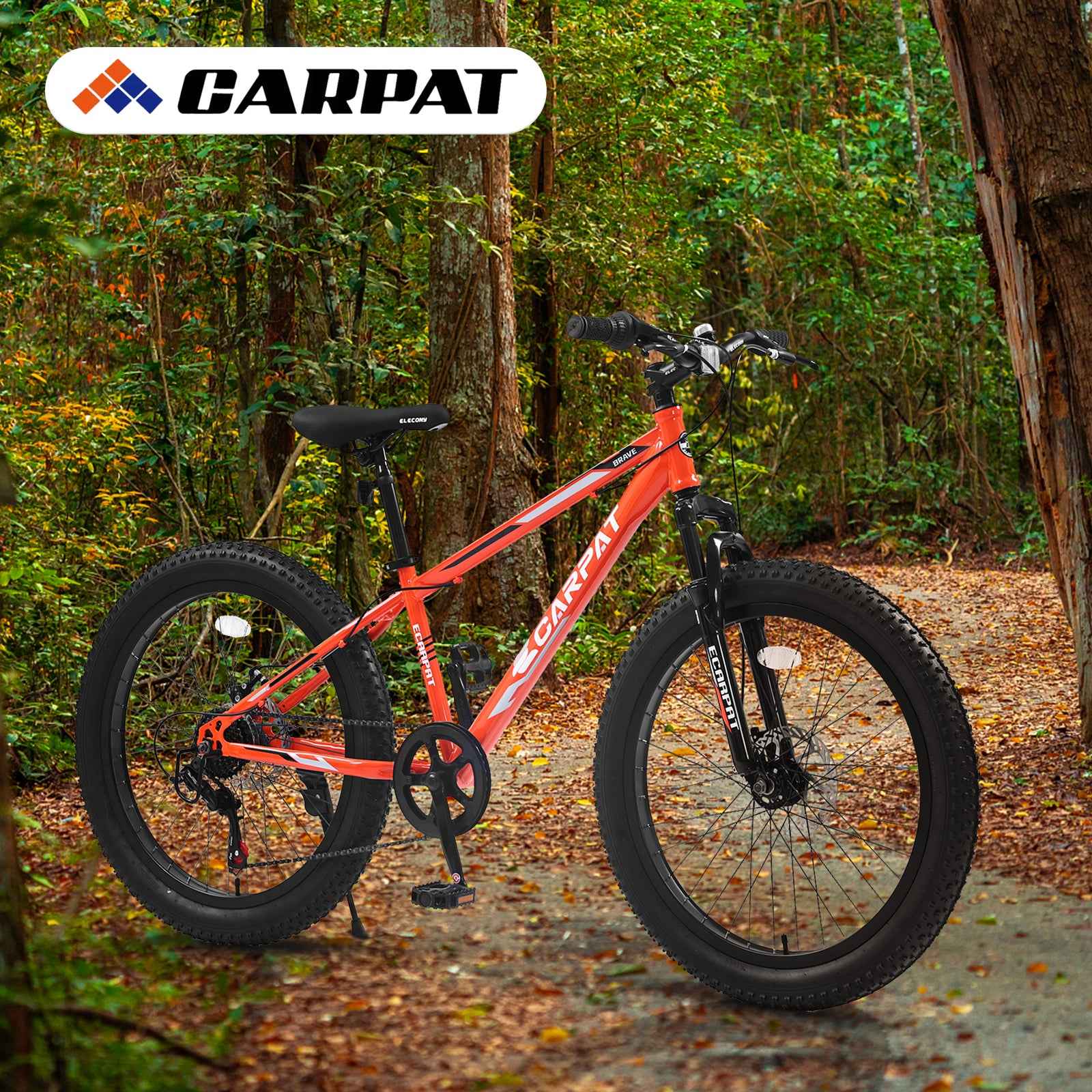 S24109 Elecony 24 Inch Fat Tire Bike Youth Full Shimano 7 Speeds Mountain Bike, Dual Disc Brake, High-Carbon Steel Frame, Front Suspension, Mountain Trail Bike, Urban Commuter City Bicycle