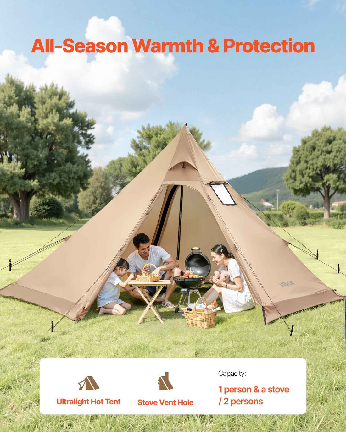 Hot Tent For 4 Persons, Portable Winter Tipi Tent With Stove Jack, Waterproof Canvas Camping Tents, Lightweight 4 Season Shelter Tents For Hiking Fishing Backpacking, M Size