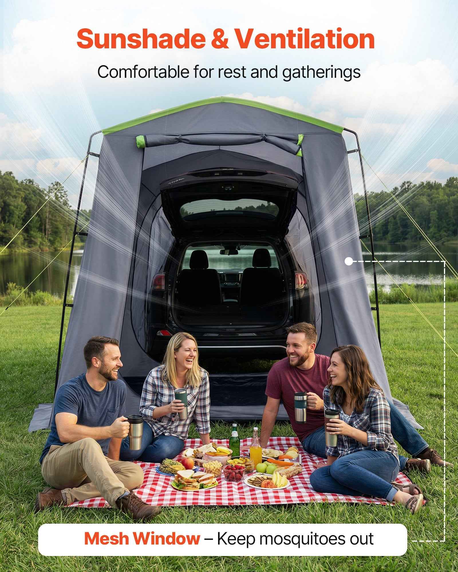 Large SUV Tent For 5–9 Person, 10.6 X 8 FT All-Season SUV Tailgate Tent With Ventilated Door & Mesh Windows, PU3000mm Waterproof Dual-Use Car Rear Hatch Tents For Outdoor Camping Hiking