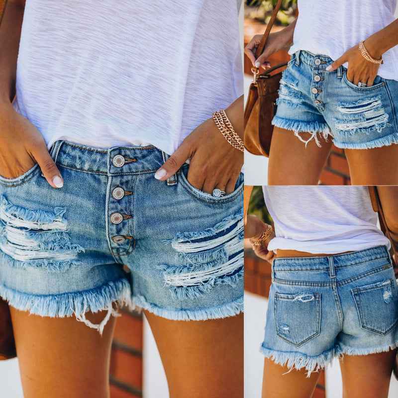 Fringed Denim Shorts Straight Breasted Women&