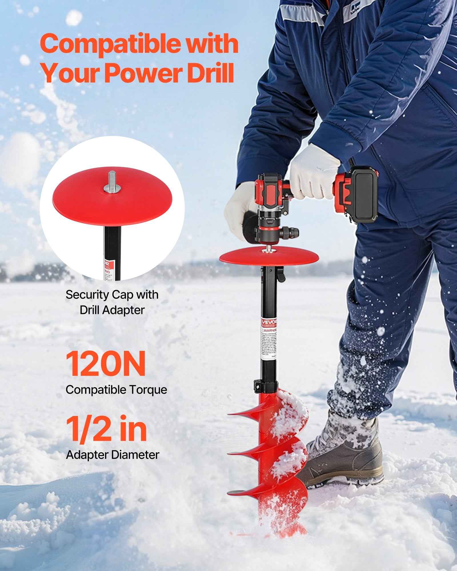 Ice Auger Drill Bit, 8in Diameter 39in Length, Cordless Nylon Ice Fishing Augers With Extra 13.4in Extension Rod, Drill Adapter, Top Plate And Blade Guard