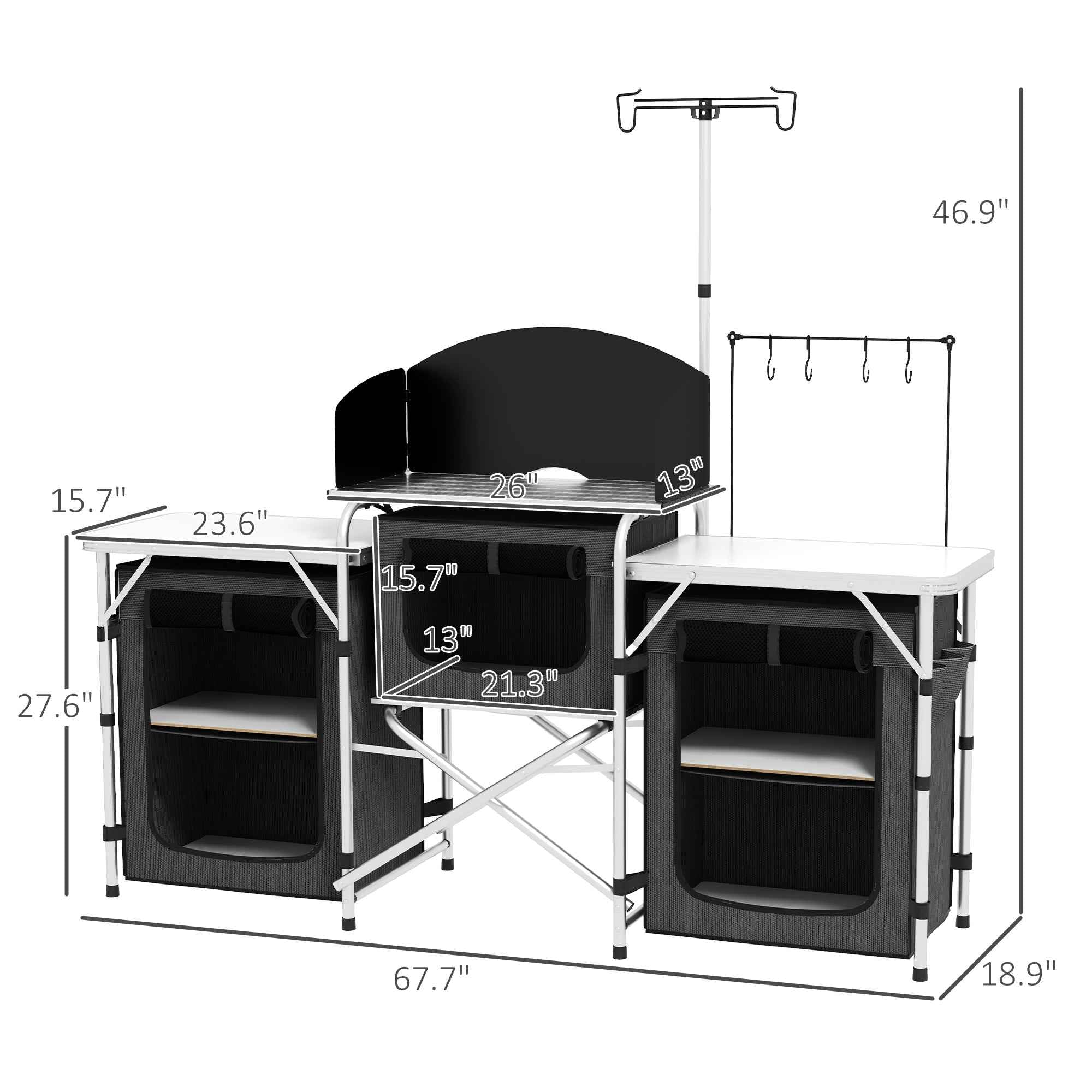 Aluminum Camping Kitchen, Portable Folding Camping Table with Fabric Cupboards, Windshield, Bag for BBQ, Picnic, Black