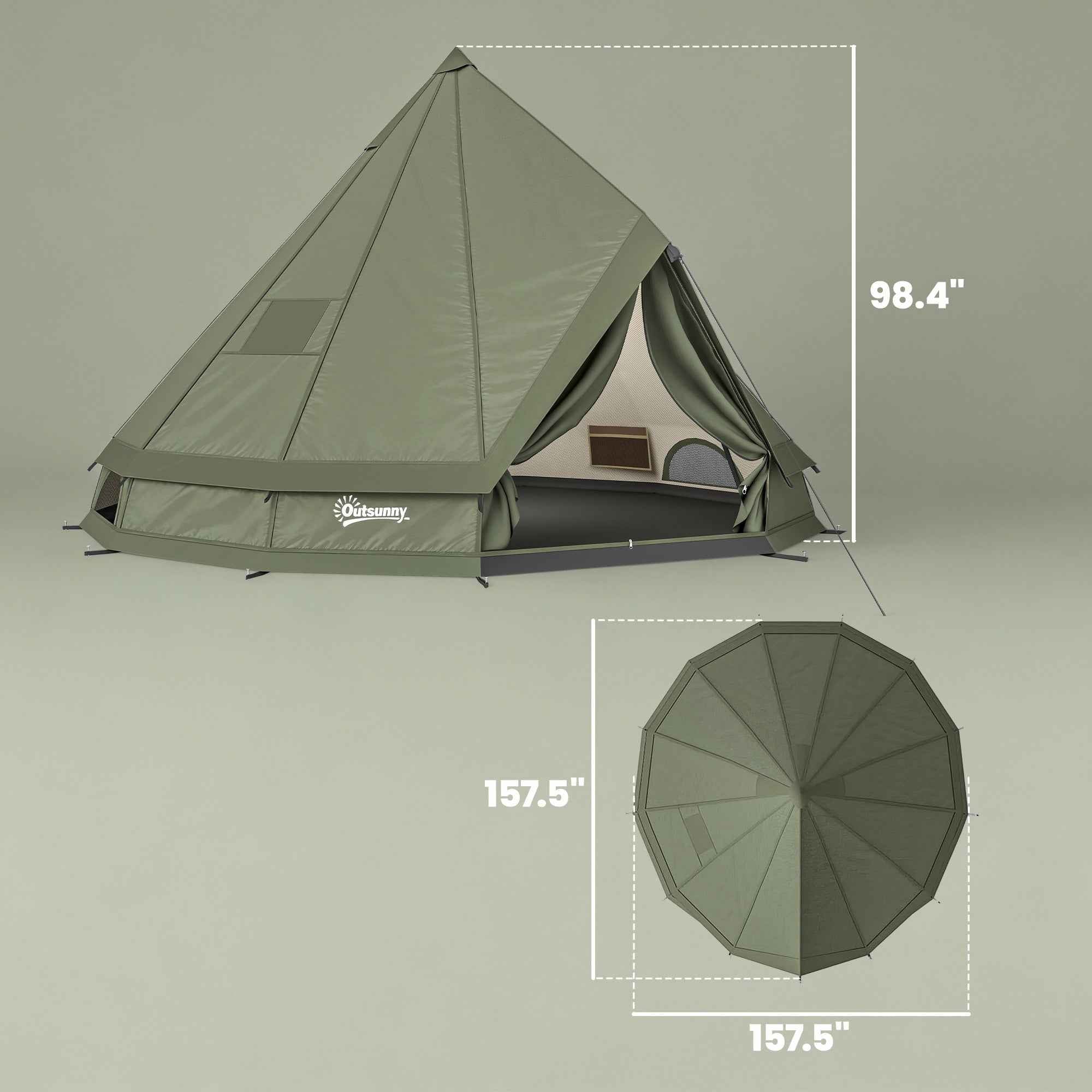 Teepee Tent Waterproof Camping Tent with Stove Jack for 4-6 People for Outdoor Camping Hiking Army Green