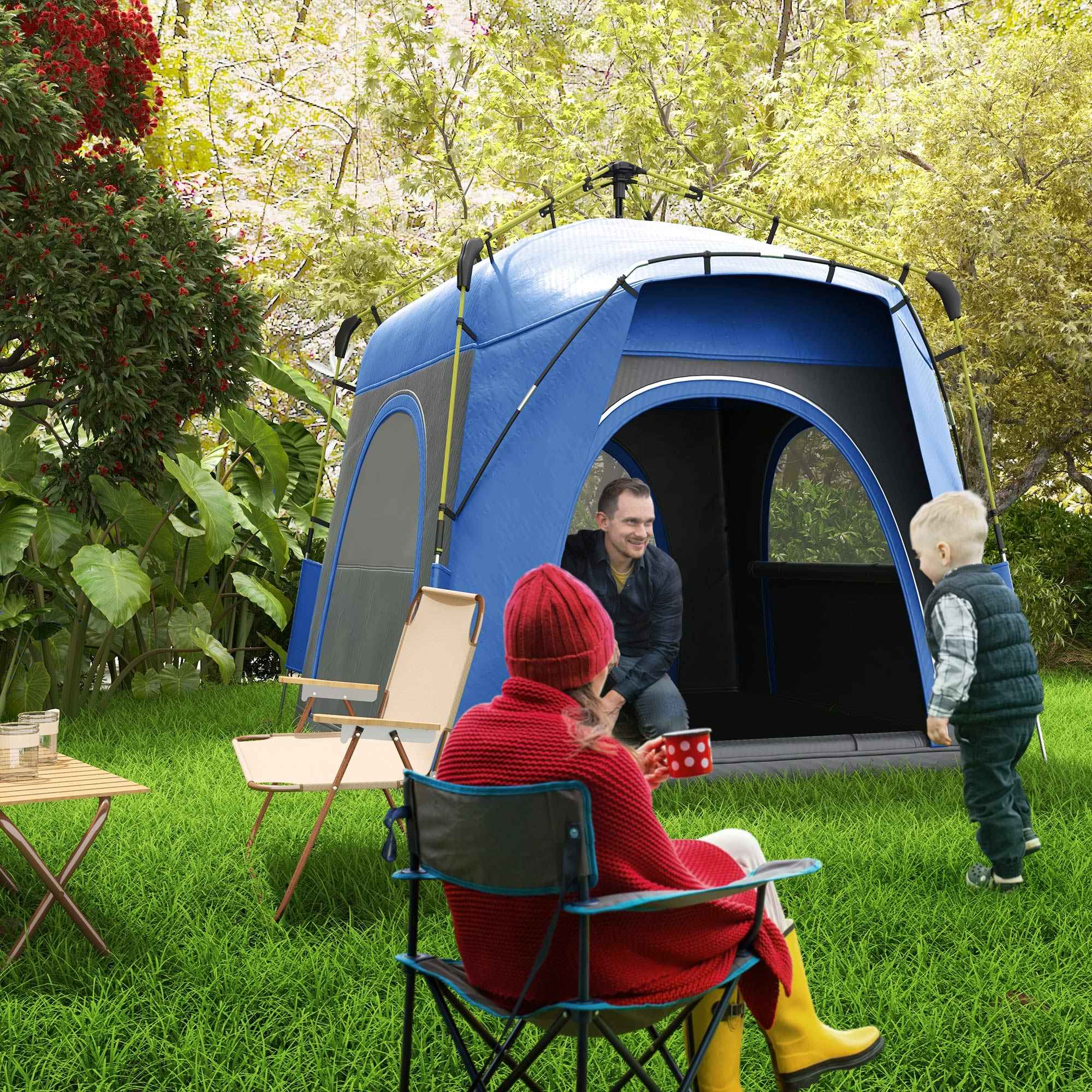 3 Person Pop Up Camping Tent Quick Setup Automatic Hydraulic Family Travel Tent w/ Windows Doors Carry Bag, Blue