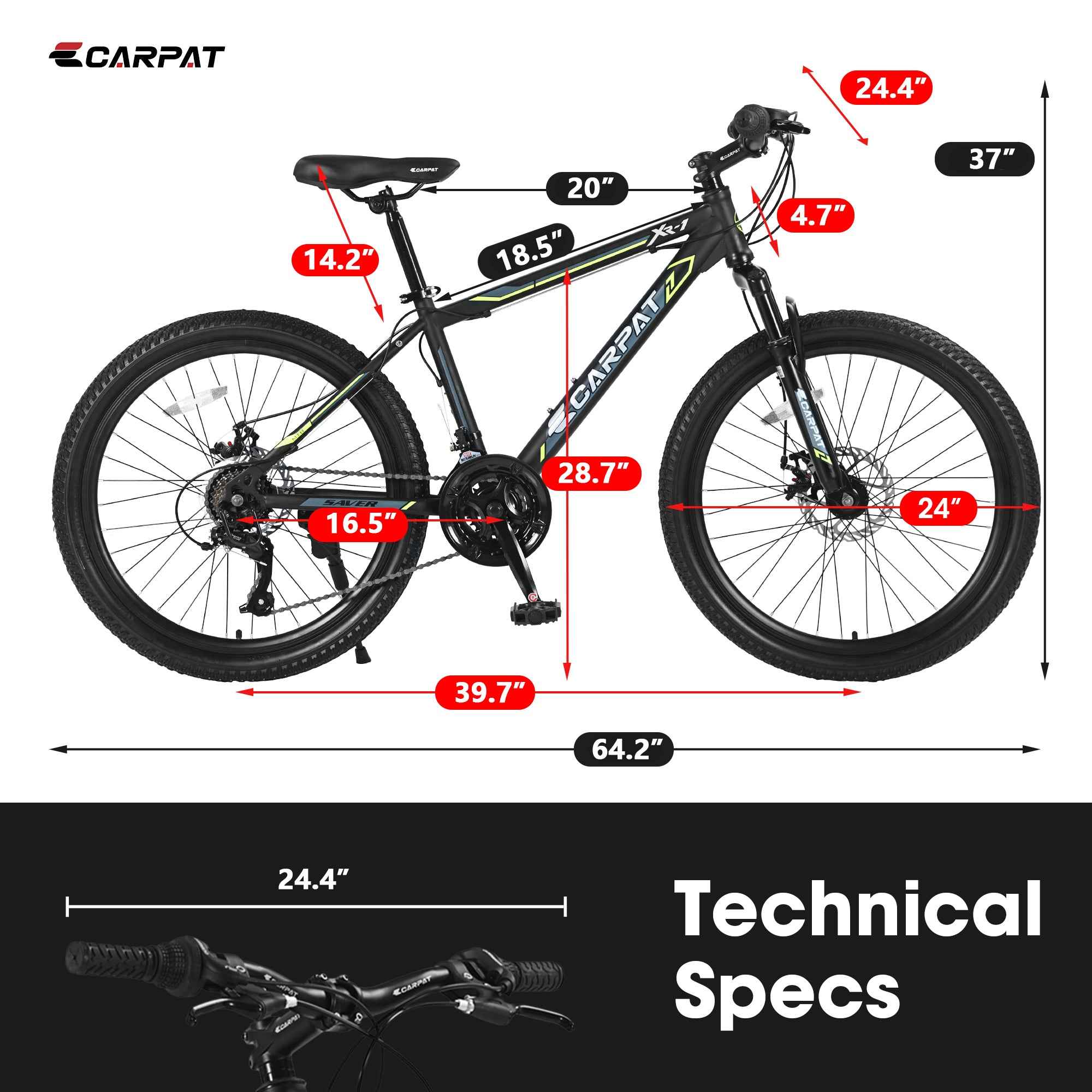 S24102 24 Inch Mountain Bike Boys Girls, Steel Frame, Shimano 21 Speed Mountain Bicycle With Daul Disc Brakes And Front Suspension MTB
