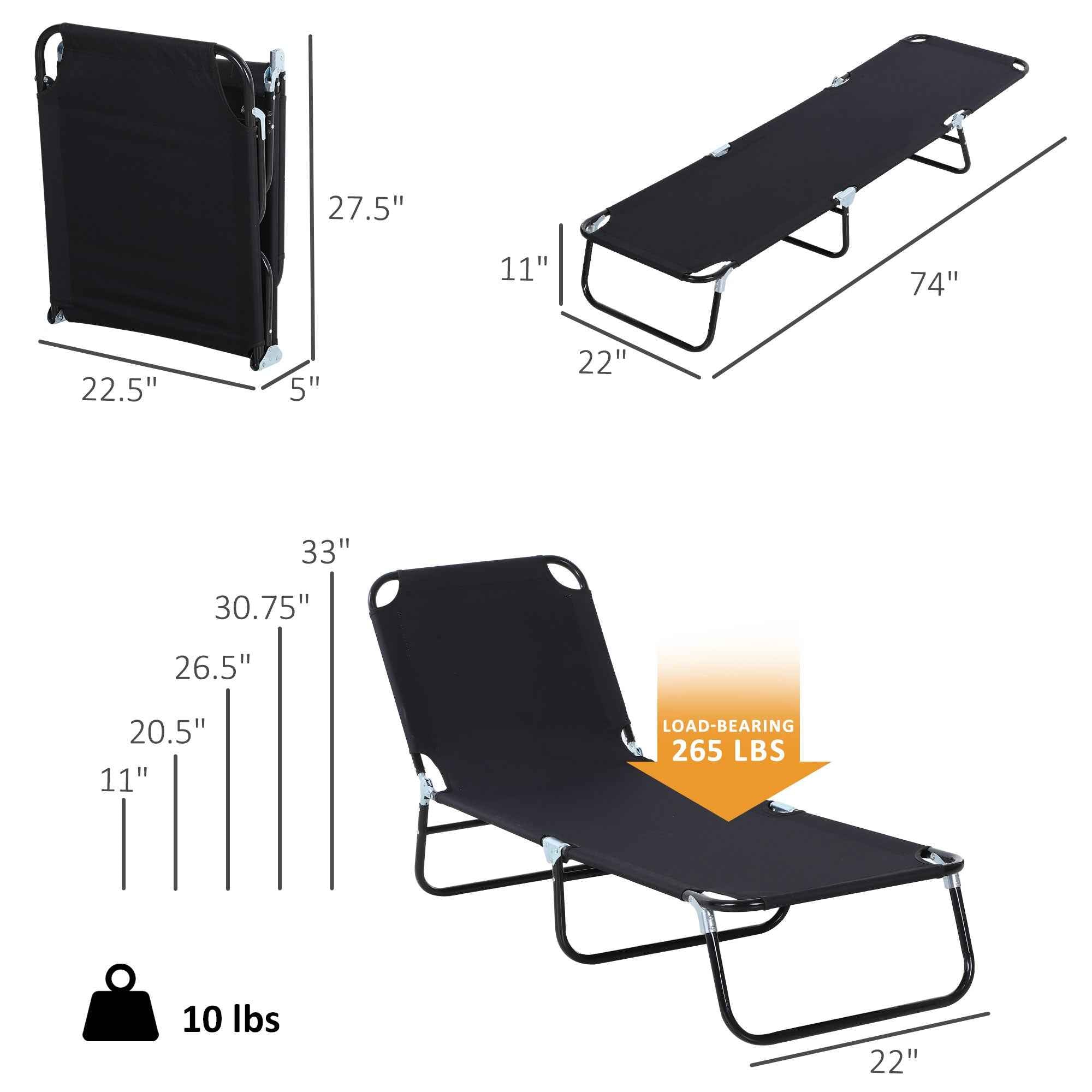 Folding Chaise Lounge Pool Chairs, Outdoor Sun Tanning Chairs with 5-Level Reclining Back, Steel Frame for Beach, Yard, Patio, Black
