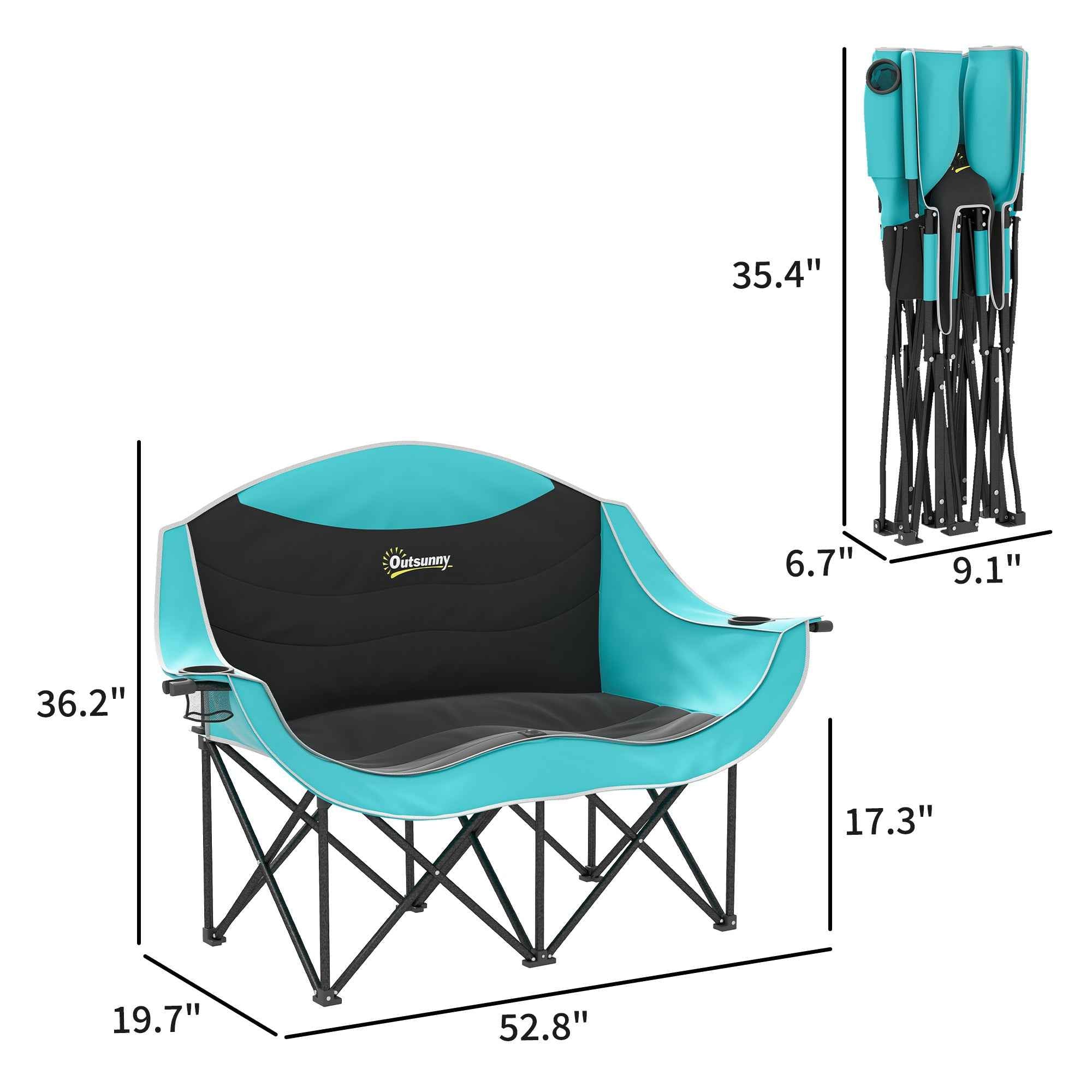 Padded Folding Camp Chair for Adults, Double Camping Chair with Armrests, Cup Holders, Carry Bag for Outdoor, Green