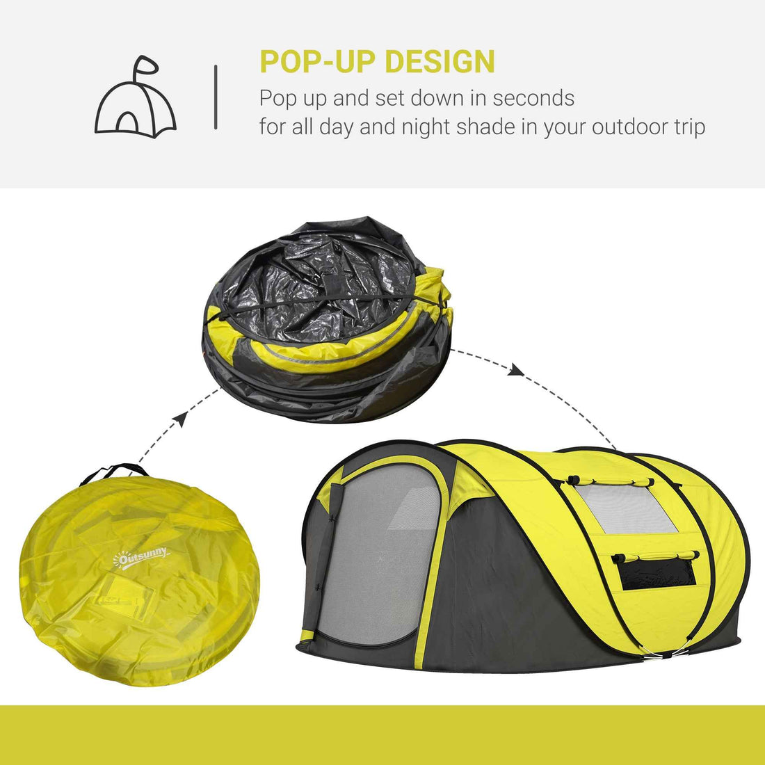 4 Person Pop-up Camping Tent Family Tent With Ground Sheet, 4 Windows And Portable Carry Bag For Beach Outdoor Trip, Yellow