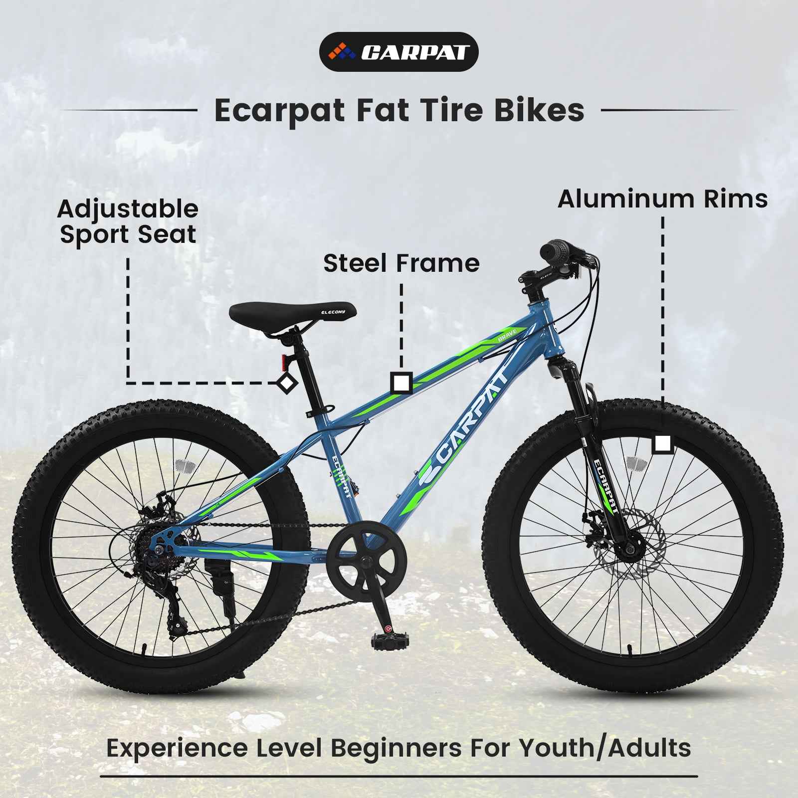 S24109 Elecony 24 Inch Fat Tire Bike Youth Full Shimano 7 Speeds Mountain Bike, Dual Disc Brake, High-Carbon Steel Frame, Front Suspension, Mountain Trail Bike, Urban Commuter City Bicycle