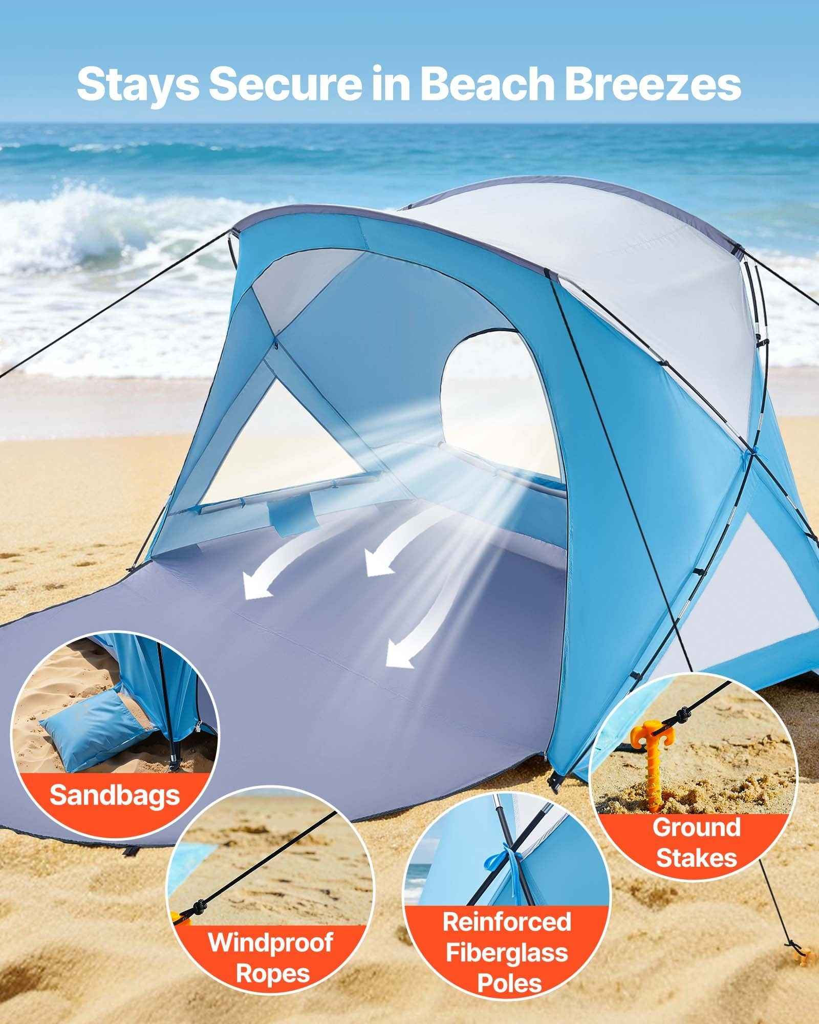 Beach Tent Sun Shelter For 6 Person, UPF 50+ Protection, Portable Sun Shade Canopy With Carrying Bag & Sand Pockets, Lightweight And Easy Setup Beach Umbrella For Family Camping Outdoor Picnic