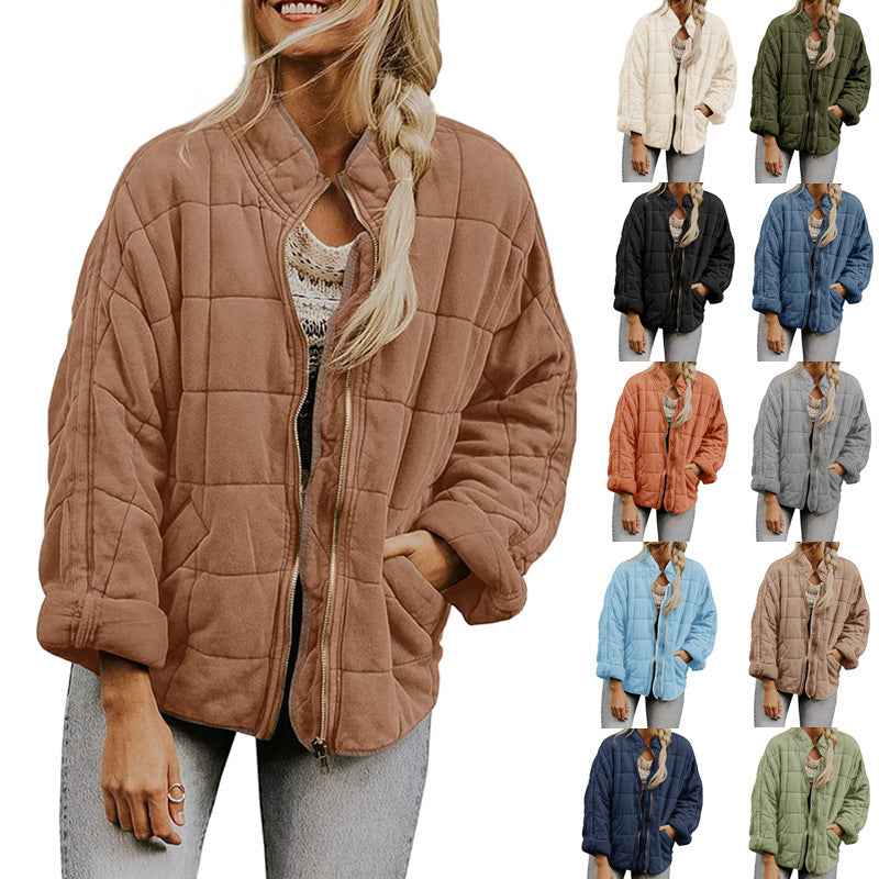 Winter Zip-up Stand Collar Coat With Pockets Fashion Solid Color Plaid Long Sleeved Jacket Women&