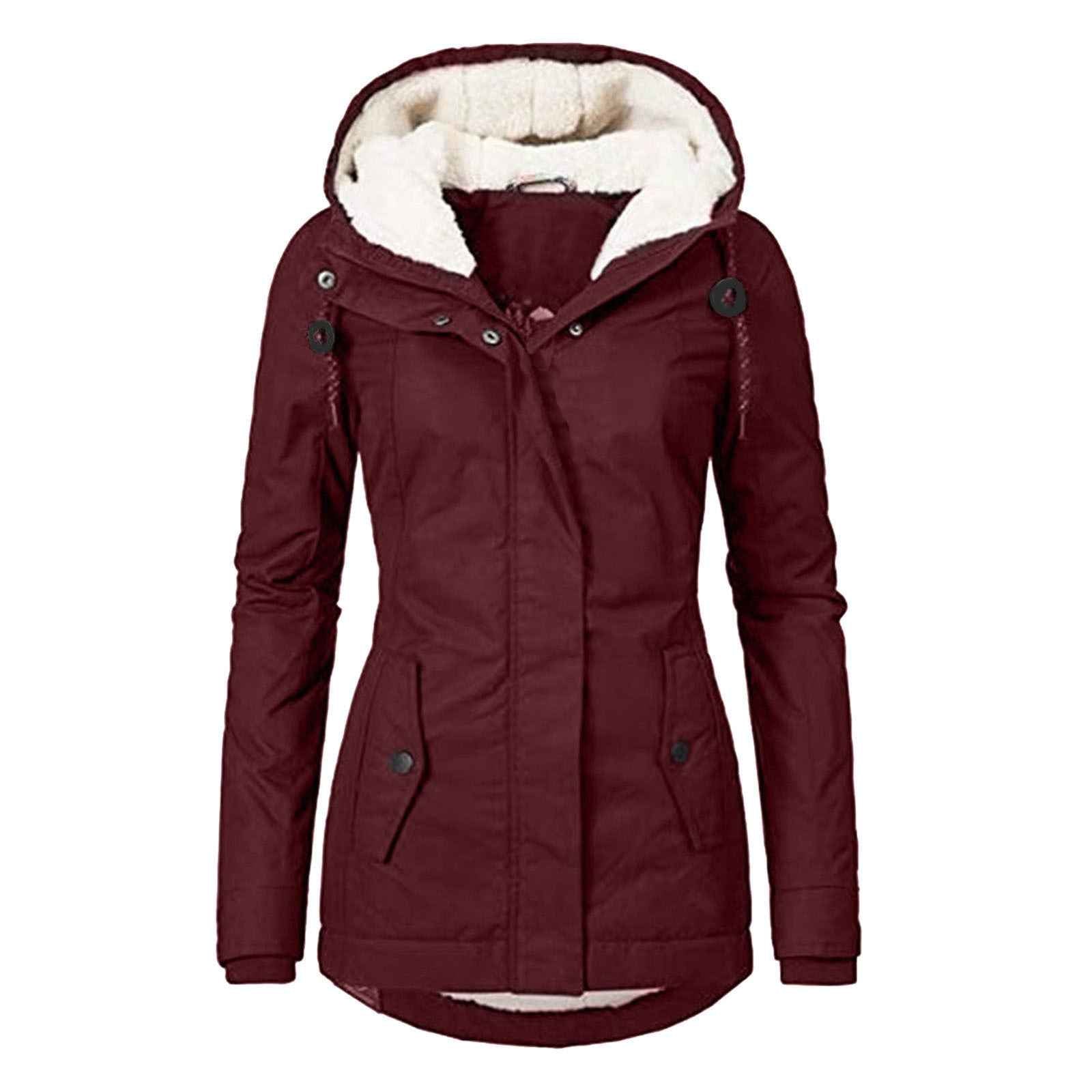 Winter Hooded Jacket Solid Color Warm Buckle Zip-up Fleece Jacket With Pockets Women&