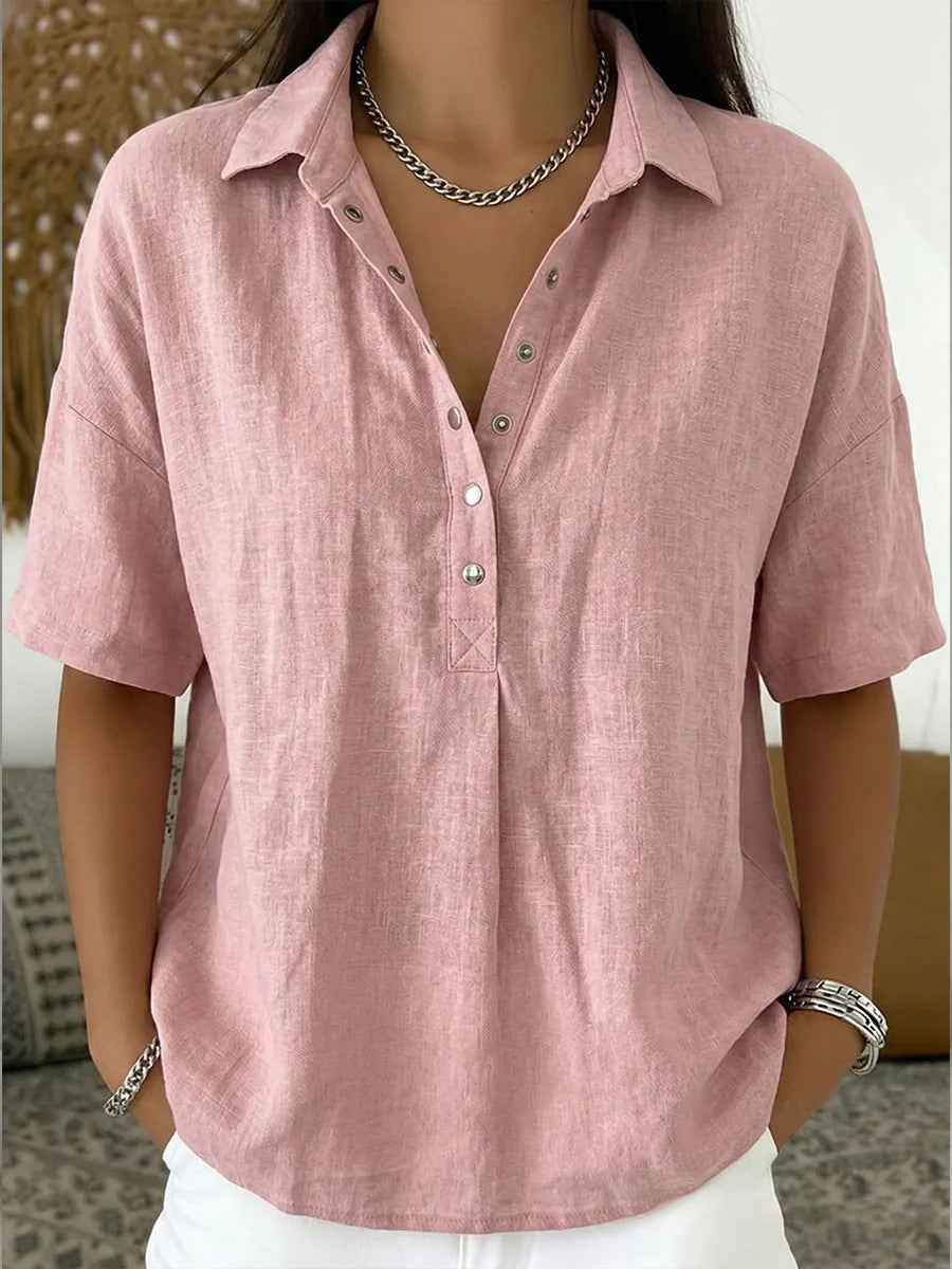 Summer Short-sleeved Shirt Button Pullover Top Fashion Casual Women&