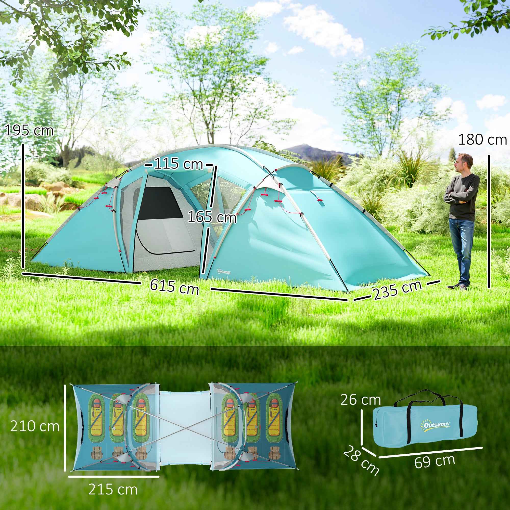4-6 Man Family Camping Tent W/ 2 Bedrooms And A Living Room, Waterproof Tunnel Tent W/ Sewn In Groundsheet, Doors, Windows, Carry Bag, Blue