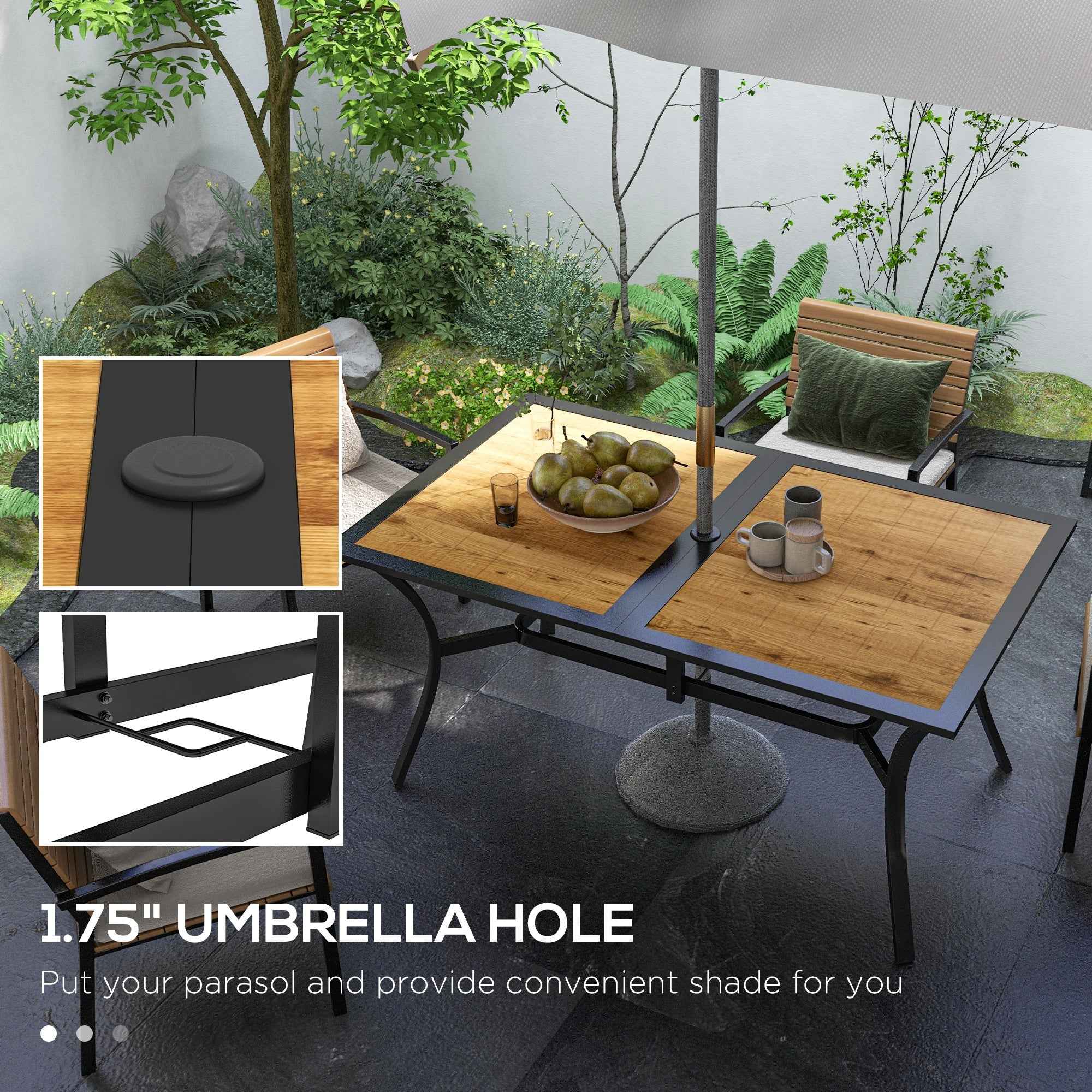 Rectangular Patio Table with Umbrella Hole, Faux Wood Rectangle Outdoor Dining Table for 6 People for Garden, Brown