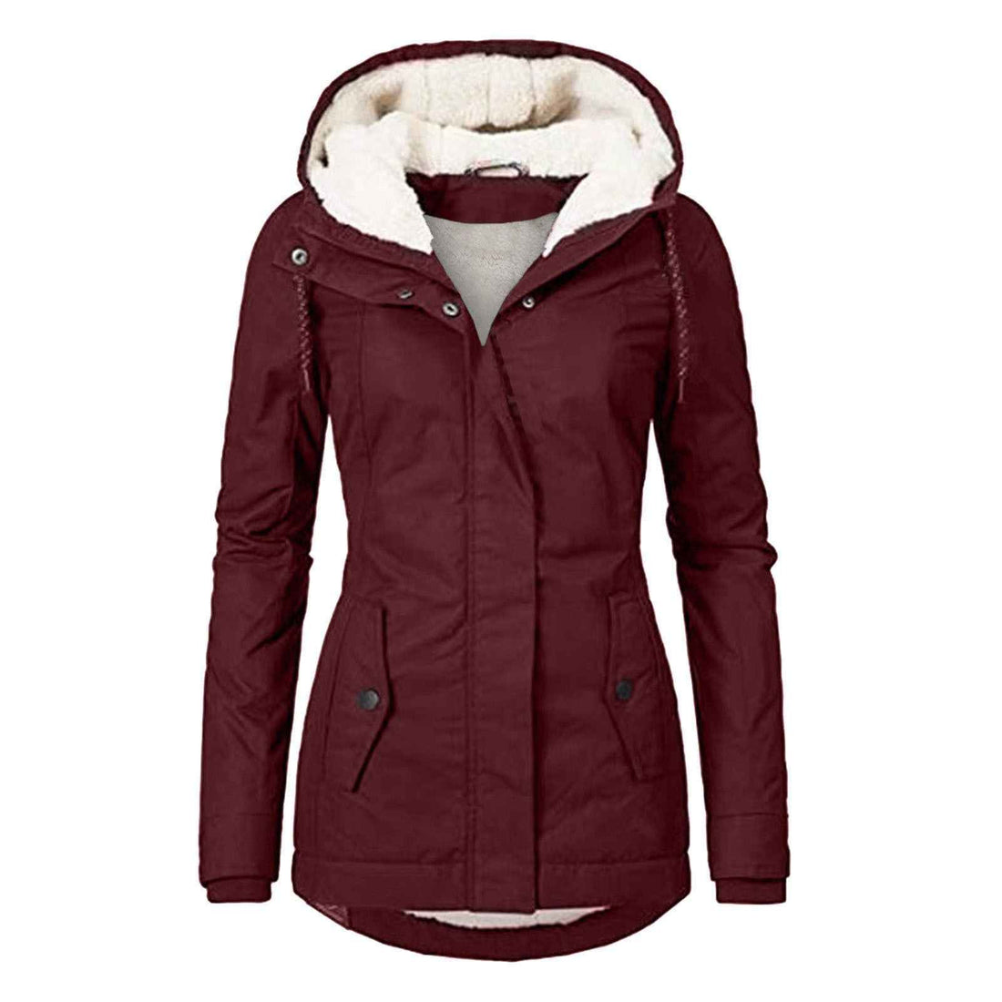 Winter Hooded Jacket Solid Color Warm Buckle Zip-up Fleece Jacket With Pockets Women&