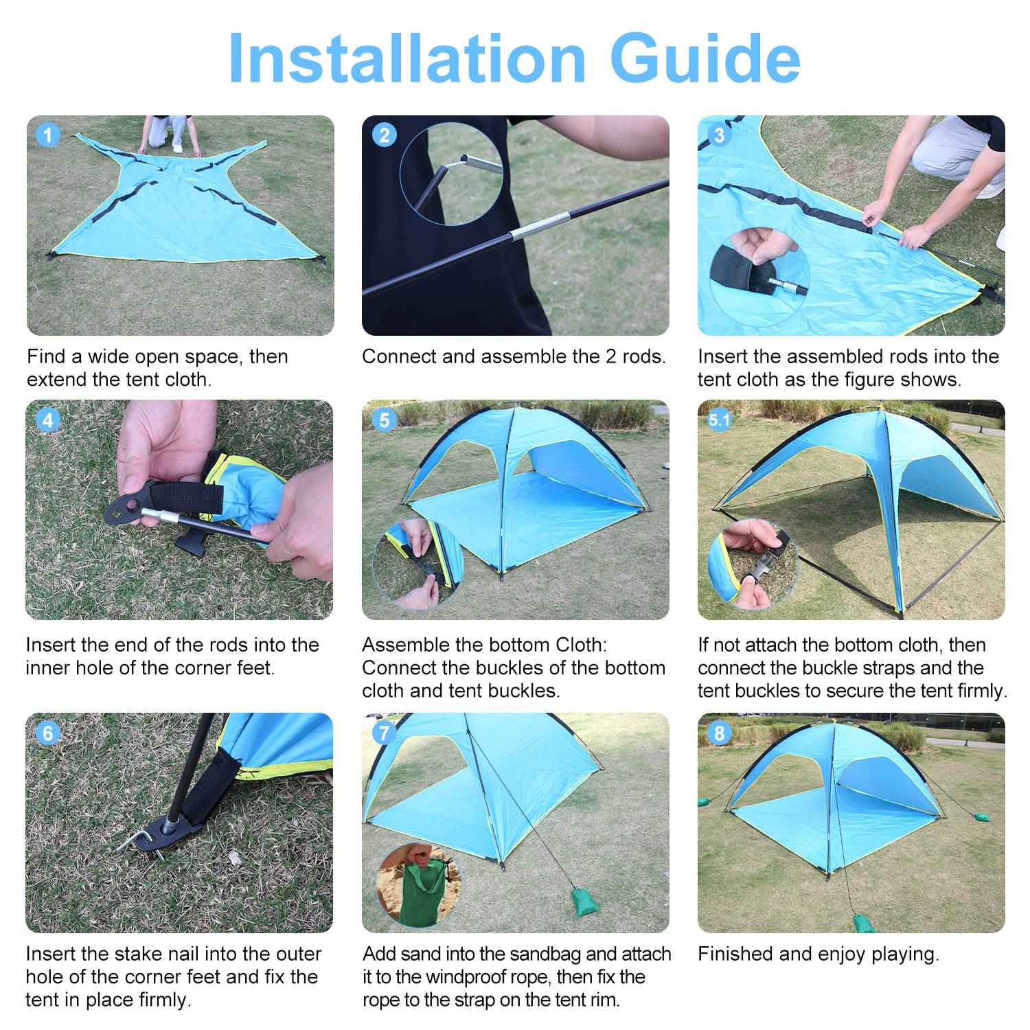 1Pc 4-6 Person Beach Tent Canopy With 3 Door Openings Carry Bag UPF50 Waterproof For Beach Picnic Camping Hiking Adventure Fishing