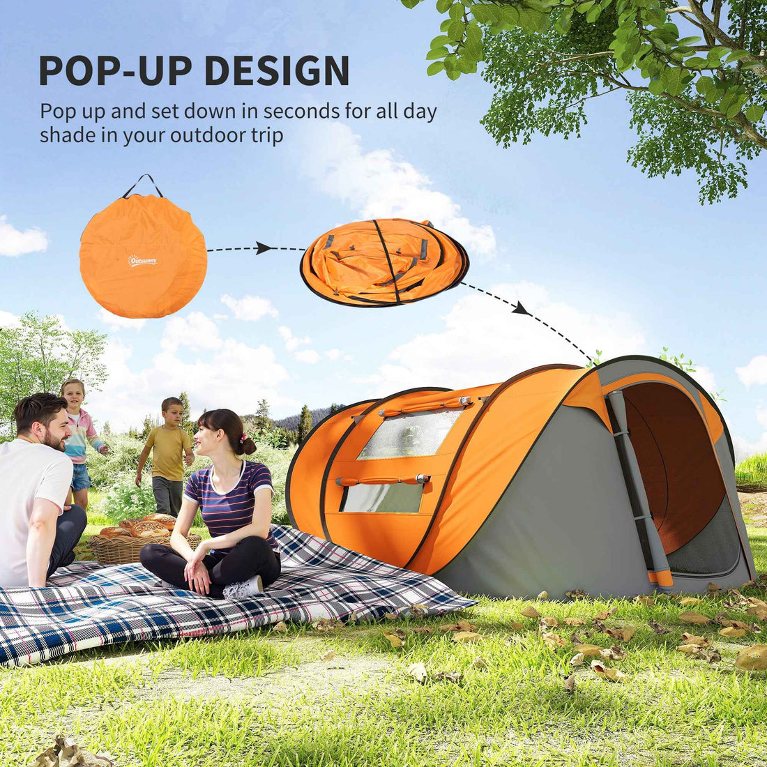 4 Person Pop-up Camping Tent Family Tent With Ground Sheet, 4 Windows And Portable Carry Bag For Beach Outdoor Trip, Orange