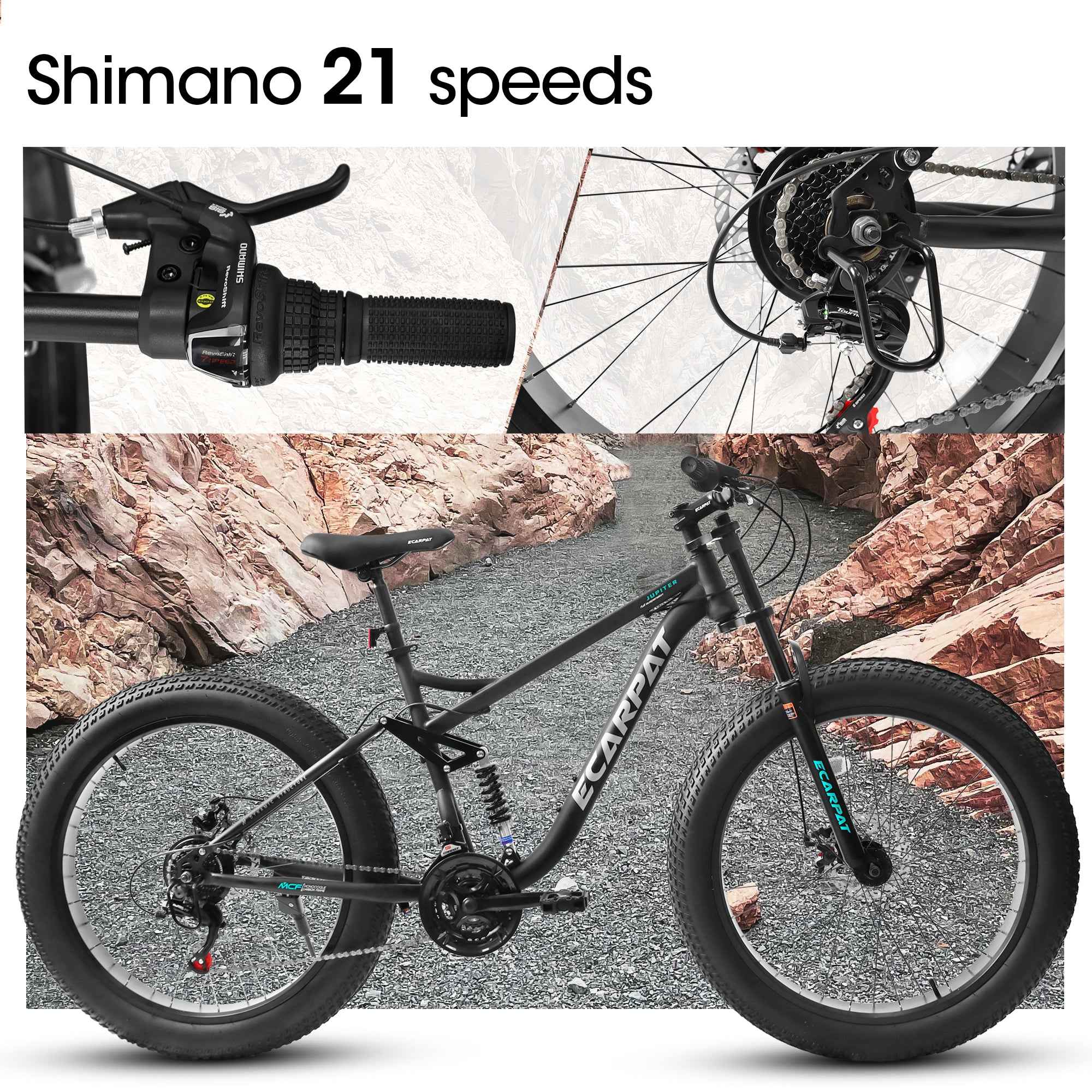 A26309 26 Inch Mountain Bike,Full-Suspension 21 Speeds Drivetrain With Disc-Brake Bicycle, 26x4inch Fat Tire Bike For Men