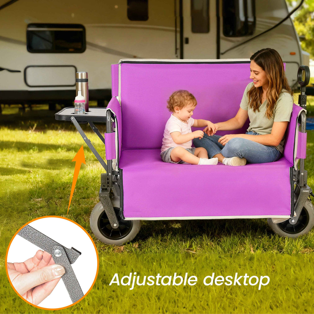 3- In- 1 Collapsible Wagon Converts To Bench Convertible Folding Wagon Cart With Rear- Mounted Folding Tabletop 500lbs Heavy- Duty 180L Capacity For Camping Beach Garden Fishing- Purple
