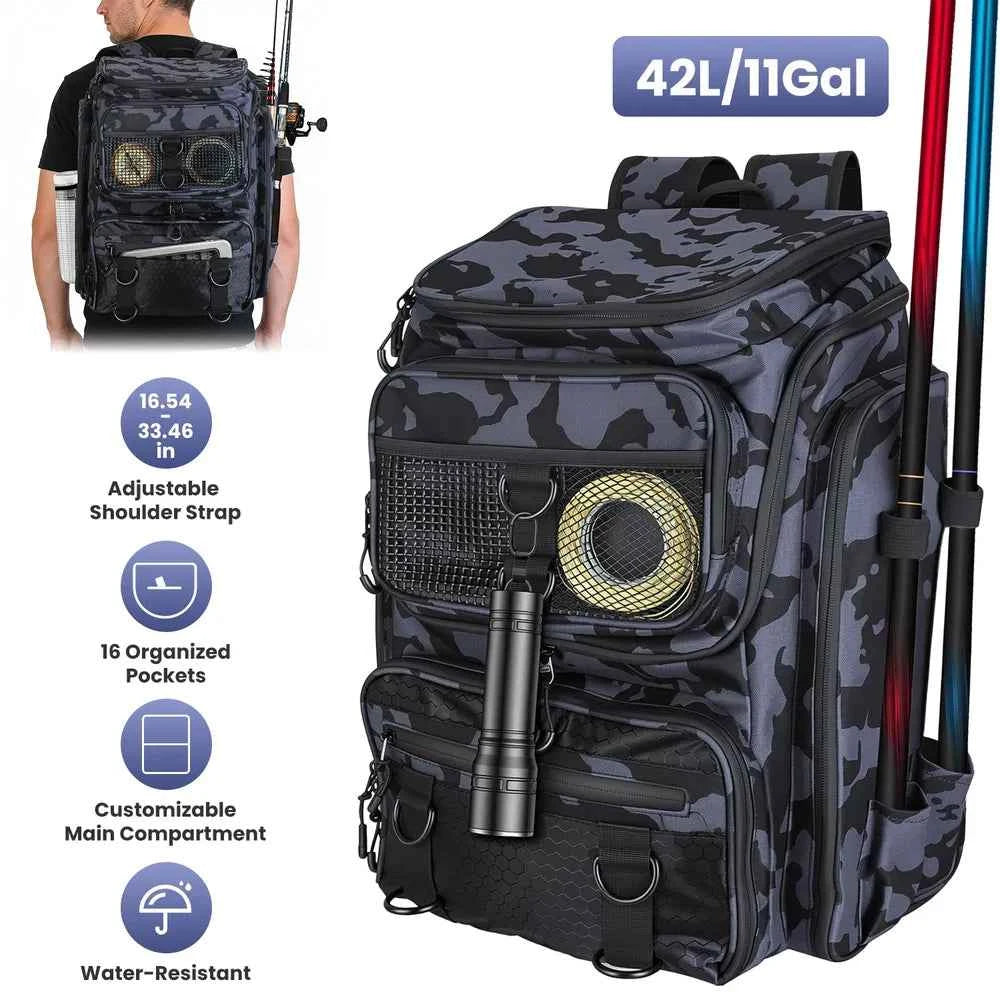 42L&11Gal Fishing Backpack Large Capacity Fishing Tackle Storage Bag With Rod Holders 16-Pocket Water-Resistant With Divider Adjustable Padded Straps For Fishing Gear Outdoor Camping Hiking