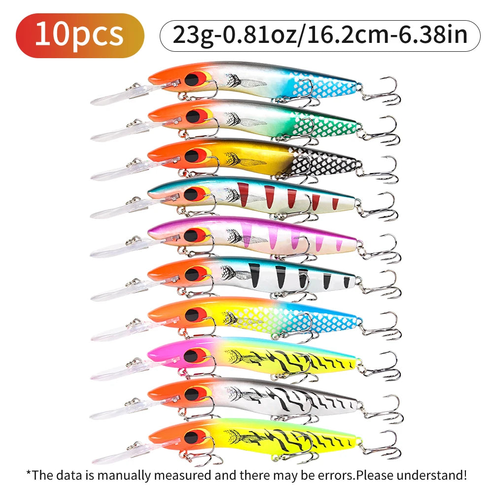 10pcs/set 162mm/23g Floating Water Big Hard Artificial Lure Bait Minnow with Three Treble Hooks for Bass Trout Pike Fishing