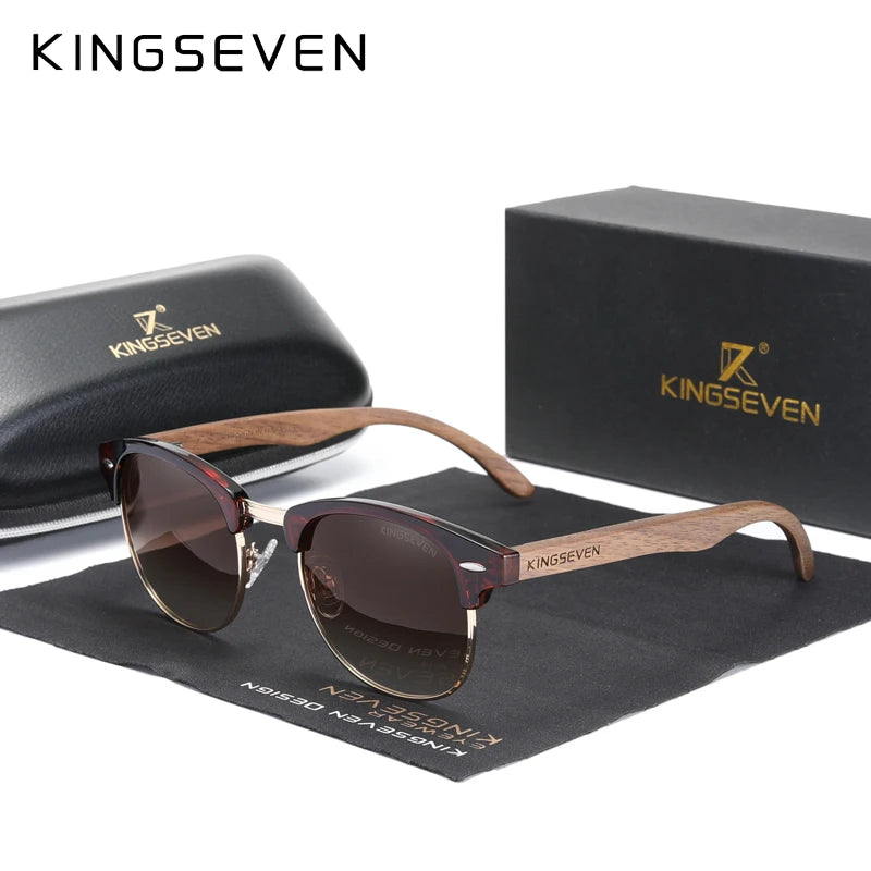 KINGSEVEN W5516 Walnut Wood Polarized Semi-Rimless Sunglasses – Oval, UV400, Unisex