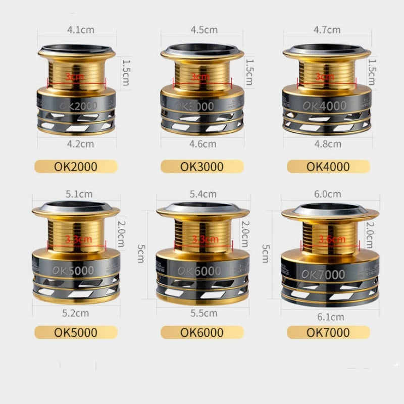 Different models of 15KG Aluminium fishing reels showing sizes and specifications.