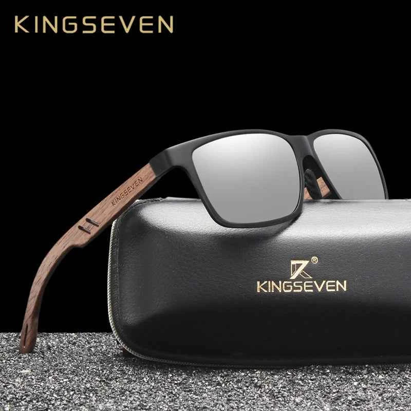 KINGSEVEN W-5507 Aluminum & Walnut Wood Sunglasses – Polarized Mirror, Anti-Reflective, UV400, Unisex