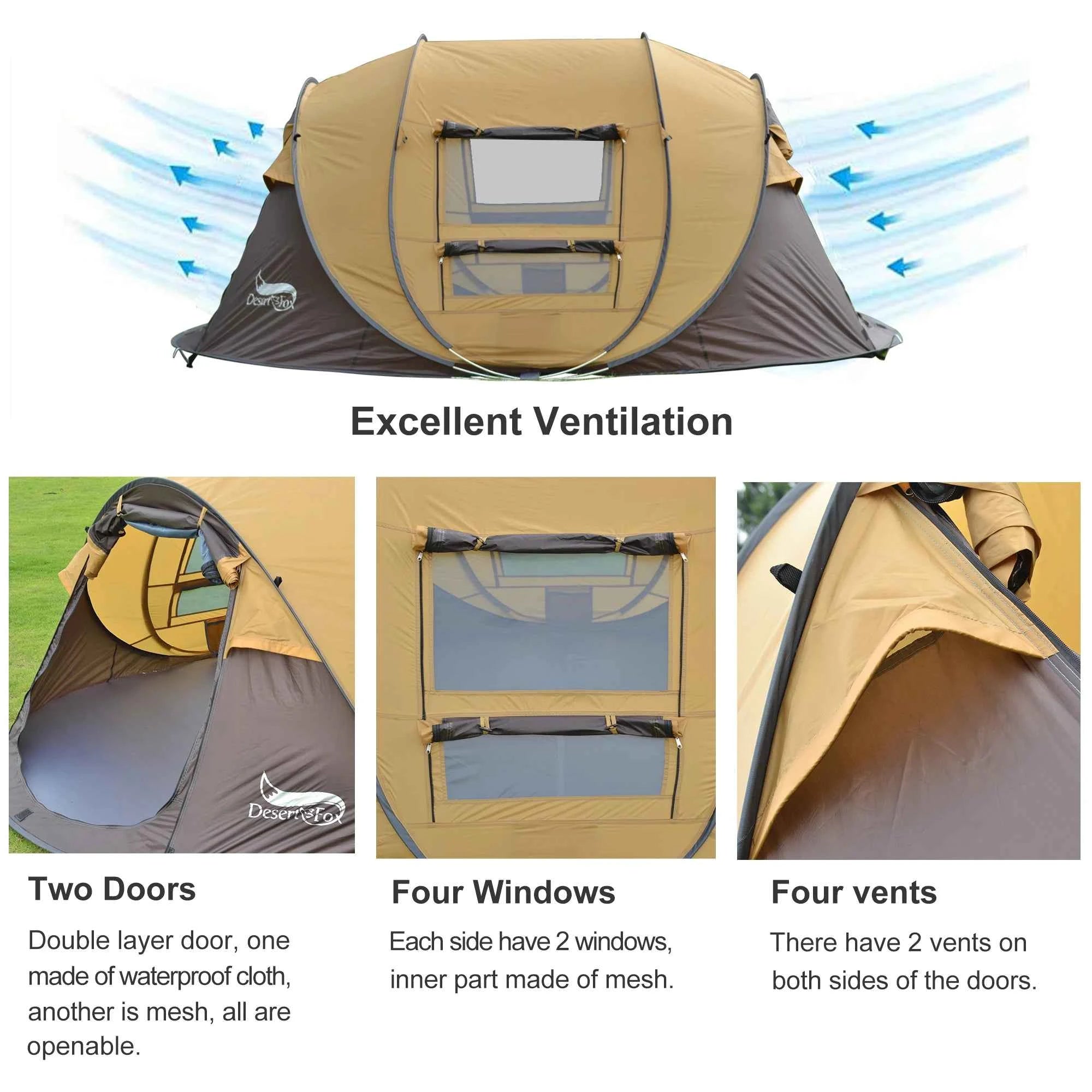 Desert & Fox 3-4 Person Automatic Pop-Up Tent – 4-Season Waterproof Camping Tent