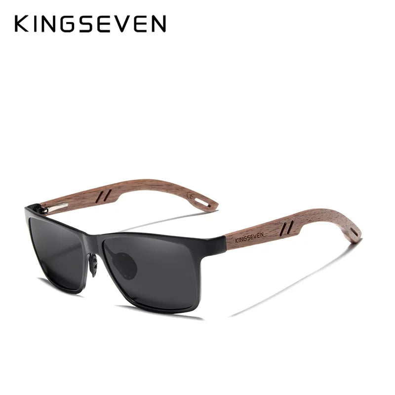 KINGSEVEN W-5507 Aluminum & Walnut Wood Sunglasses – Polarized Mirror, Anti-Reflective, UV400, Unisex