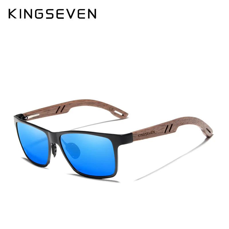KINGSEVEN W-5507 Aluminum & Walnut Wood Sunglasses – Polarized Mirror, Anti-Reflective, UV400, Unisex