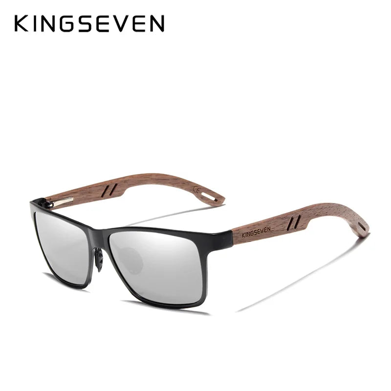 KINGSEVEN W-5507 Aluminum & Walnut Wood Sunglasses – Polarized Mirror, Anti-Reflective, UV400, Unisex