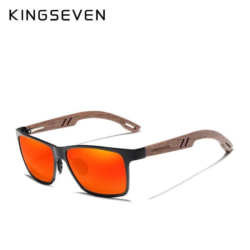 KINGSEVEN W-5507 Aluminum & Walnut Wood Sunglasses – Polarized Mirror, Anti-Reflective, UV400, Unisex
