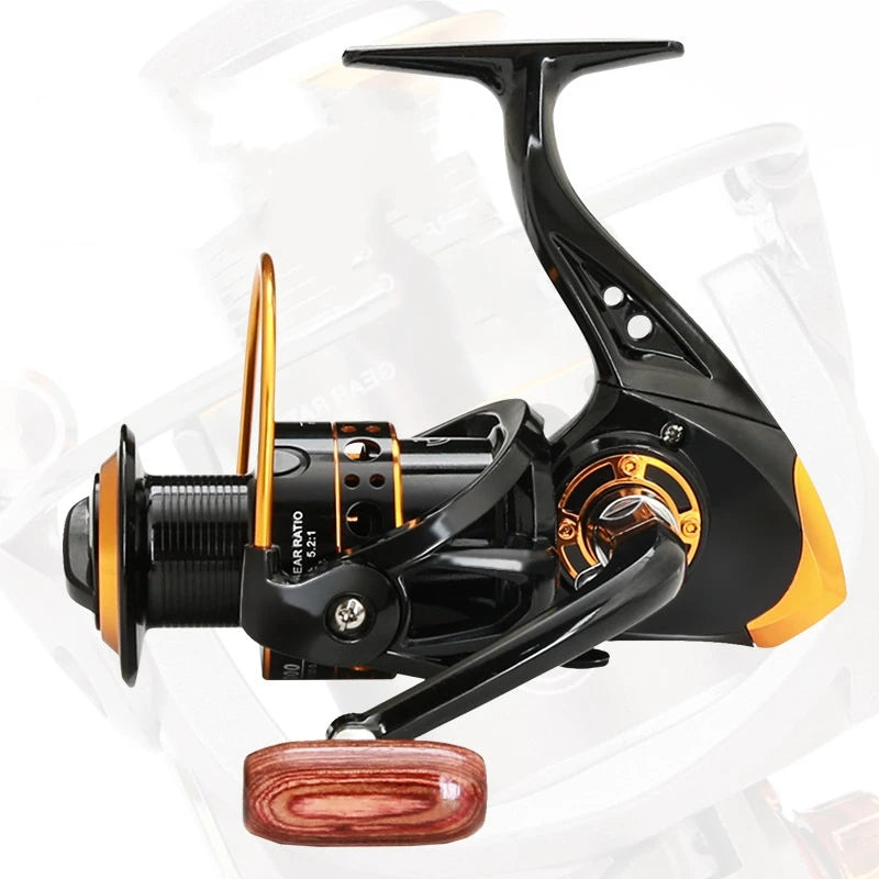 15KG Aluminium Full Metal Body Spinning reel with black and orange design, featuring a wooden handle and advanced features.