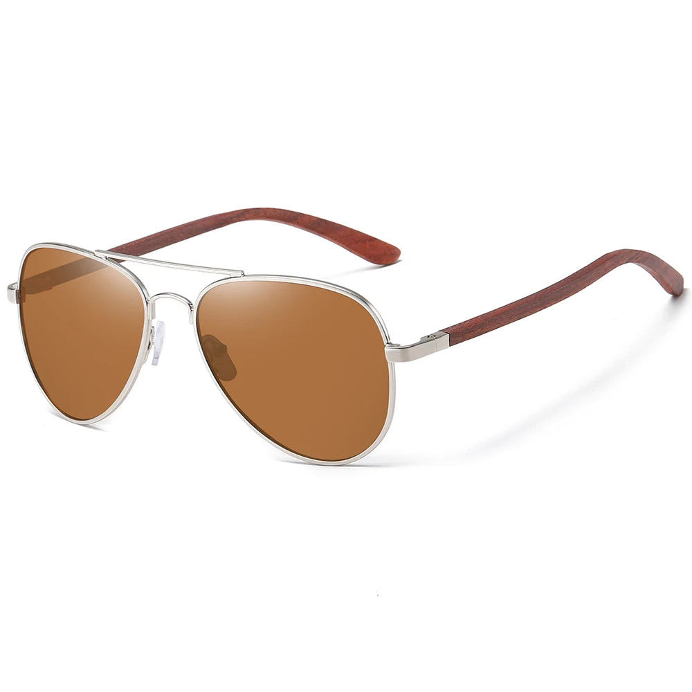 Polarized Pilot Sunglasses – Stainless Steel Frame with Wood Grain Legs