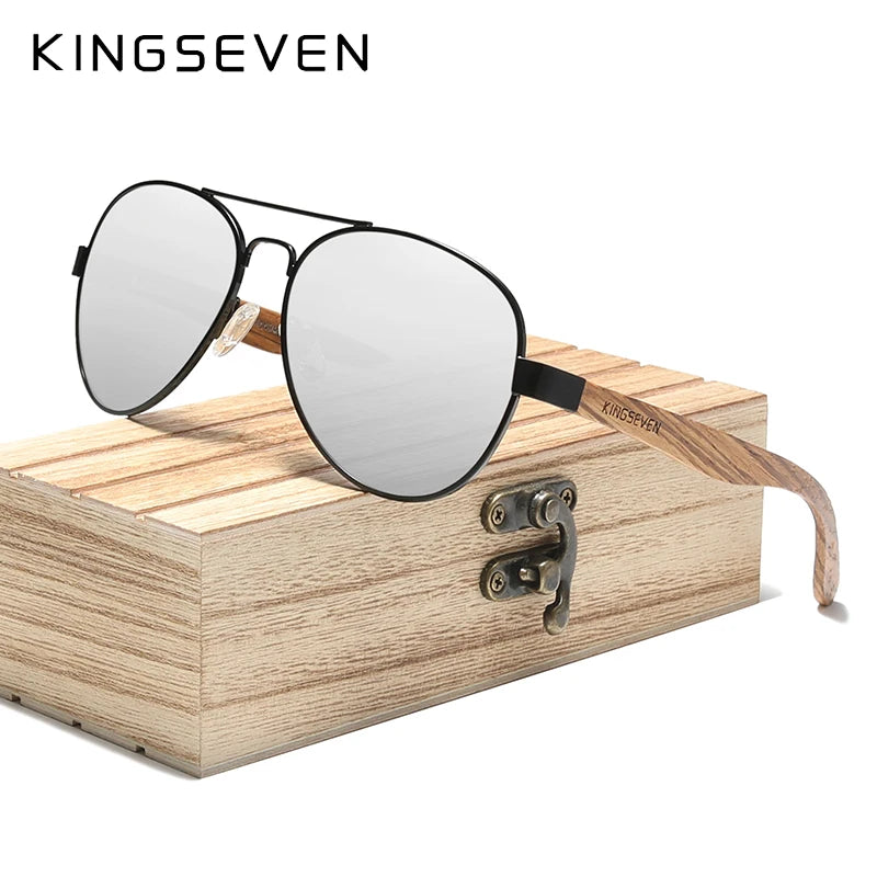 KINGSEVEN Z5518 Wood & Alloy Polarized Pilot Sunglasses – Mirror UV400, Unisex