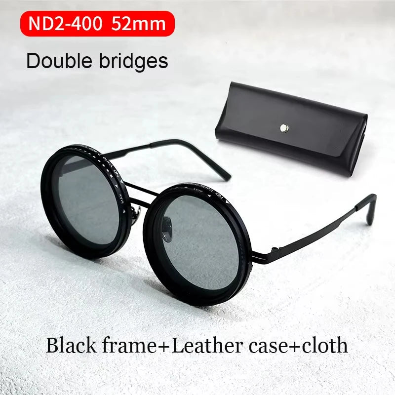 lafforgue ND9 Adjustable Dimming Steampunk Sunglasses – 9-Level ND Filter, Leather Side Shields, UV400, Unisex