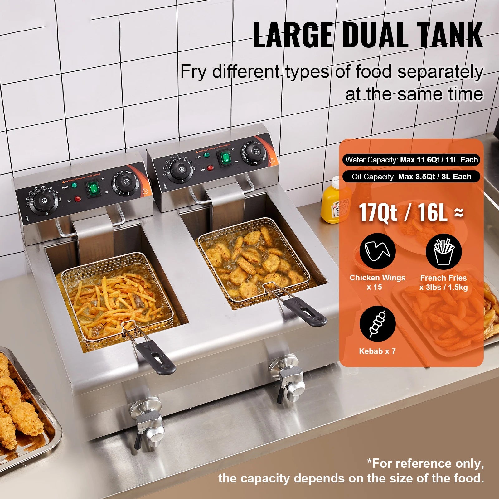 SucceBuy 12L Electric Deep Fryer w/Dual Removable Tanks Commercial Countertop Fryer for Chicken French Fries Frying Chips
