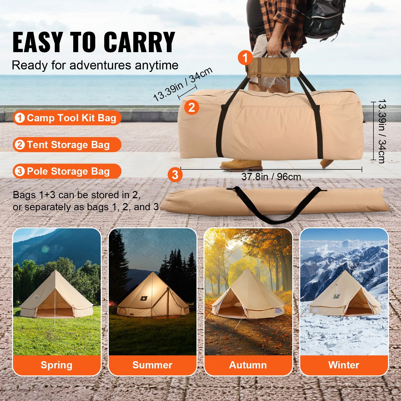 SucceBuy Canvas Bell Tent – 4-Season TC Cotton | Stove Jack | 3m to 7m | Up to 8 People