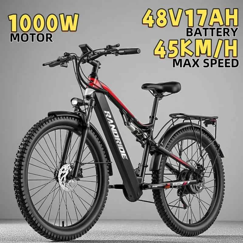 Electric Bicycle RANDRIDE YG90 1000W 48V17AH Hydraulic Brake E-bike with Full Suspension 21 Gears Shift Free Rack Electric bike