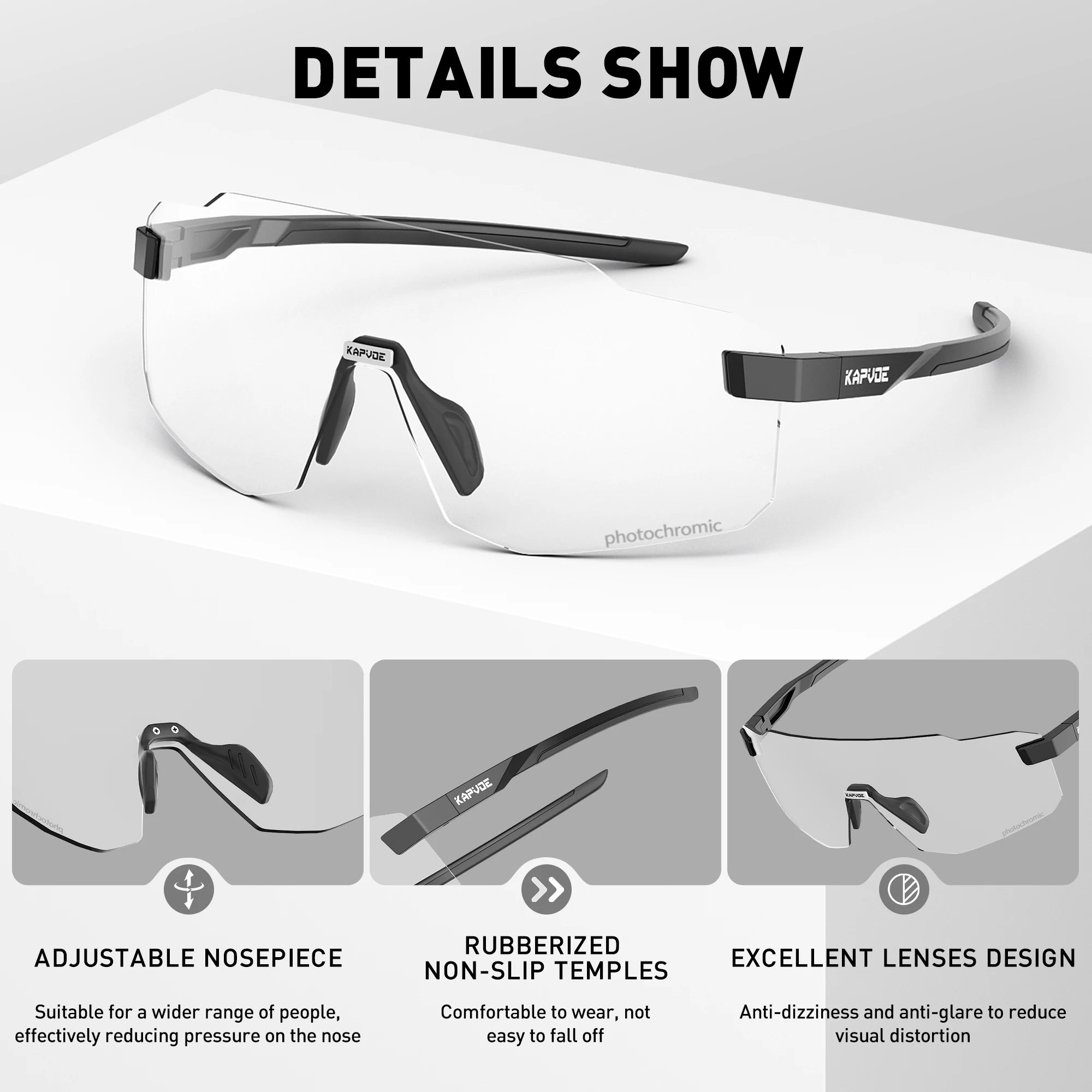 Kapvoe Photochromic Cycling Glasses – UV400 Lightweight MTB Bike Eyewear for Running, Skiing & Outdoor Sport