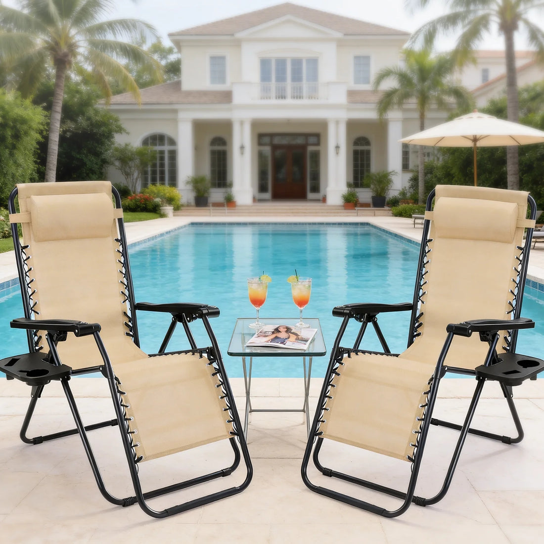 Zero Gravity Recliner Chairs Set of 2 — Portable Folding Lounge Chairs with Cup Holder Tray & Headrest