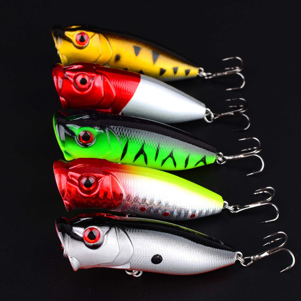 5pc Popper Floating Hard Bait Fishing Lure Set – Surface Chatterbait for Perch, Bass & Freshwater Fish