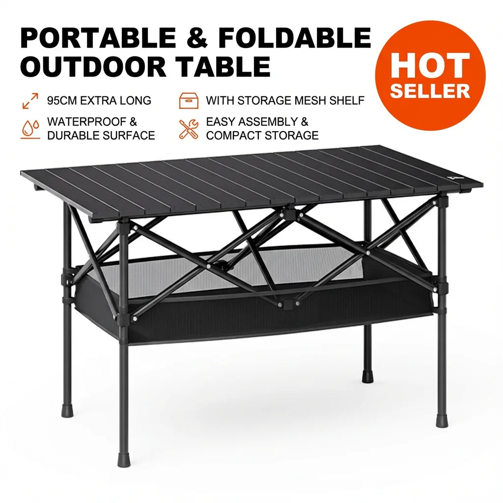 Aoran Portable Folding Camping Table – Adjustable Height, Mesh Shelf & Carry Bag, 95cm / 120cm