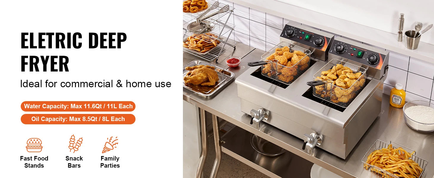 SucceBuy 12L Electric Deep Fryer w/Dual Removable Tanks Commercial Countertop Fryer for Chicken French Fries Frying Chips