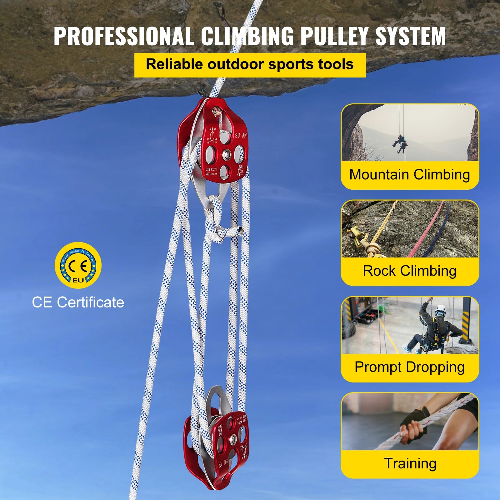 VEVOR Twin Sheave Block and Tackle 2/5-1/2 In 100-200 Ft Braid Rope 30-35KN 6600-7705 LBS Lifting Trellis Rigging Cargo Slings