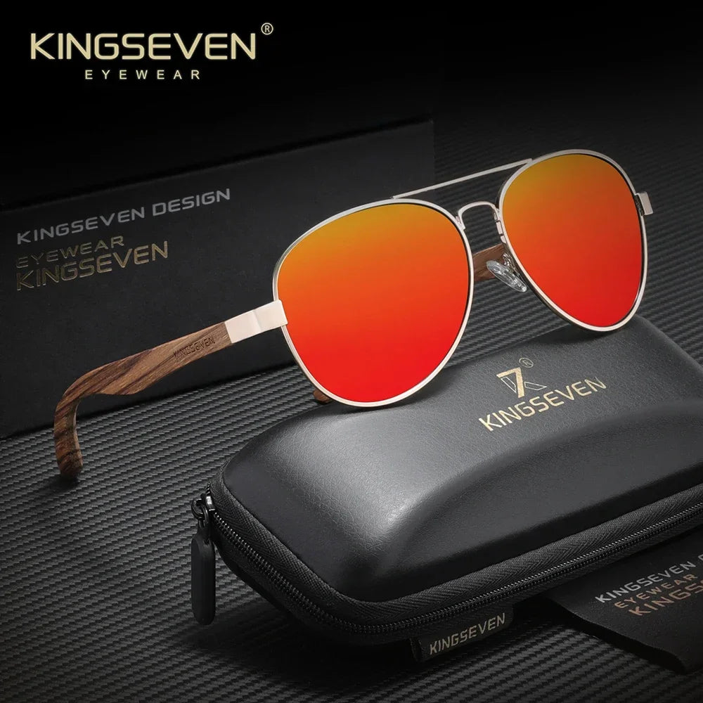 KINGSEVEN 5518 Zebrawood Pilot Sunglasses – TAC Polarized Mirror, UV400, Unisex